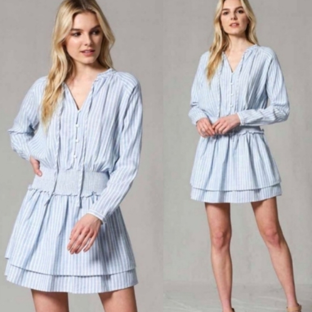FATE Linen Blend Striped Dress Large Smocked Button Front Long Sleeves